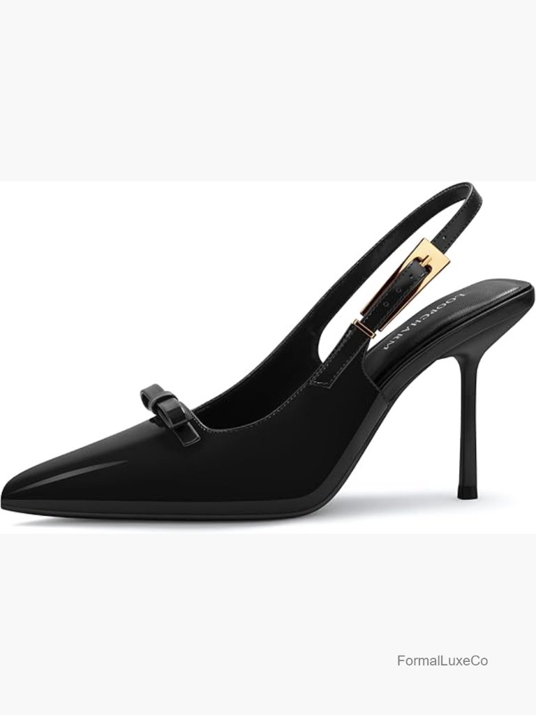 Closed Pointed Toe Slingback Pumps With Bow Buckle Stiletto Heels Dress Shoes